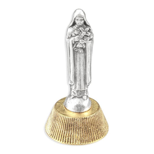 2" Saint Therese auto statue in antique silver with gold-tone magnetic base, made in Italy for secure attachment