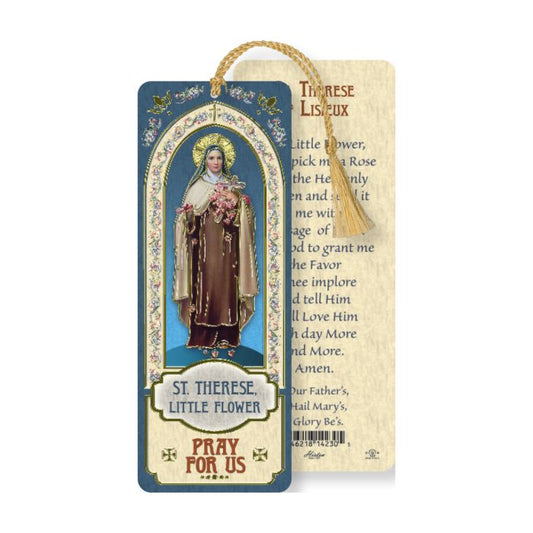 Saint Therese laminated bookmark with tassel, Italian artwork, gold foil stamping, and prayer on the back side