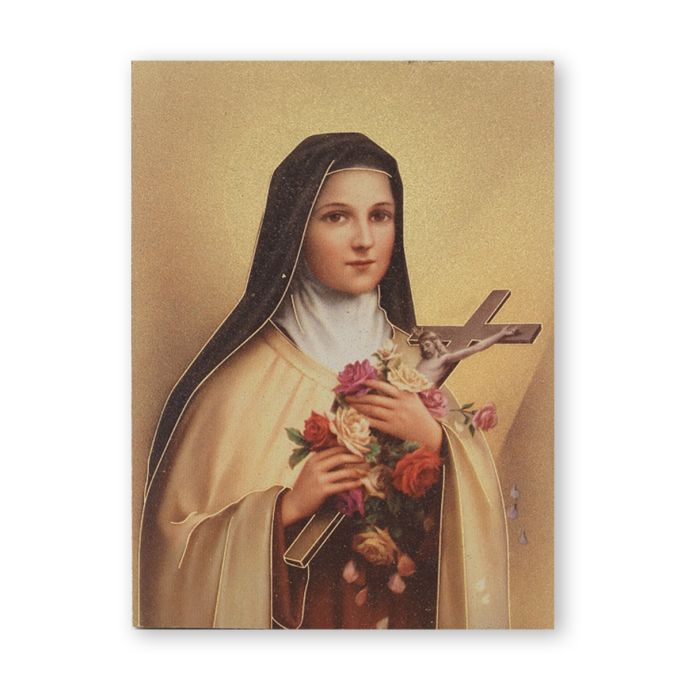 3" Saint Therese plaque on textured wood board with vibrant color artwork and gold-embossed Italian detailing