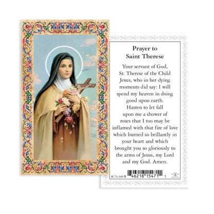 4" Italian gold-stamped prayer card featuring Saint Therese of Lisieux with decorative floral border and prayer text on back