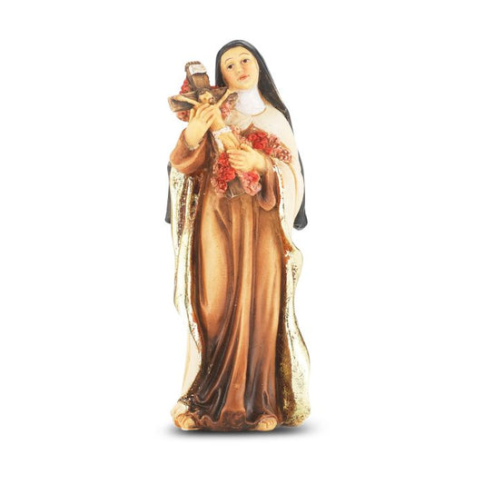 4" hand-painted Saint Therese of Lisieux solid resin statue with gold leaf trim and detailed devotional design
