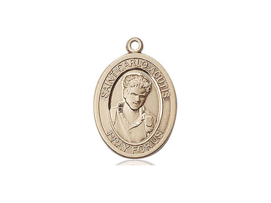 3/4" gold-filled Saint Carlo Acutis oval medal with detailed saint portrait and engraved prayer inscription