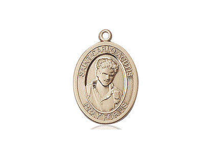 3/4" gold-filled Saint Carlo Acutis oval medal with detailed saint portrait and engraved prayer inscription