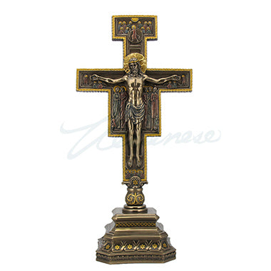 San Damiano standing crucifix with detailed religious iconography and bronze finish on decorative base, 14 1/4 inches tall.