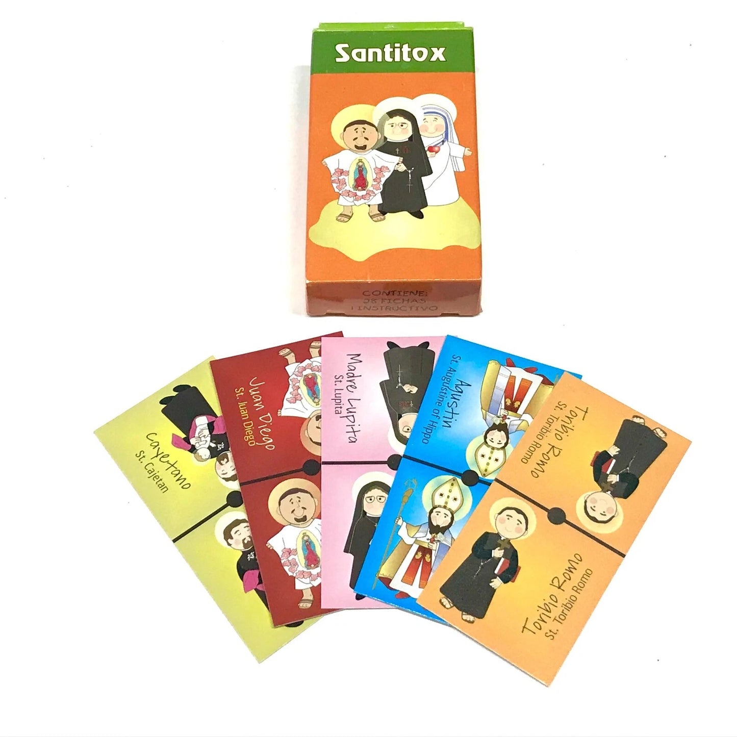 Santitox bilingual Saint domino game with colorful illustrated tiles featuring Saint names in English and Spanish
