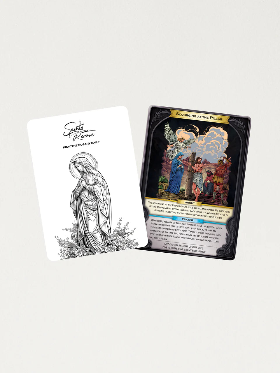 Double-sided holographic prayer card featuring hand-drawn Scourging at the Pillar scene with protective case and sleeve