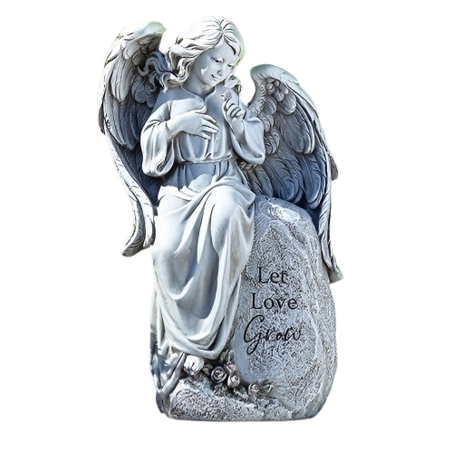 Let Love Grow seated angel statue 12" tall with serene pose and floral detail on decorative stone base
