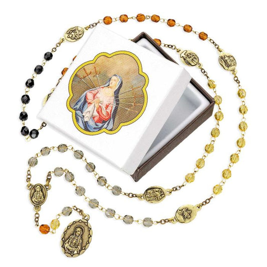 Seven Sorrows chaplet with 6mm multi-color crystal glass beads, bronze oxidized medal, and decorative white presentation box