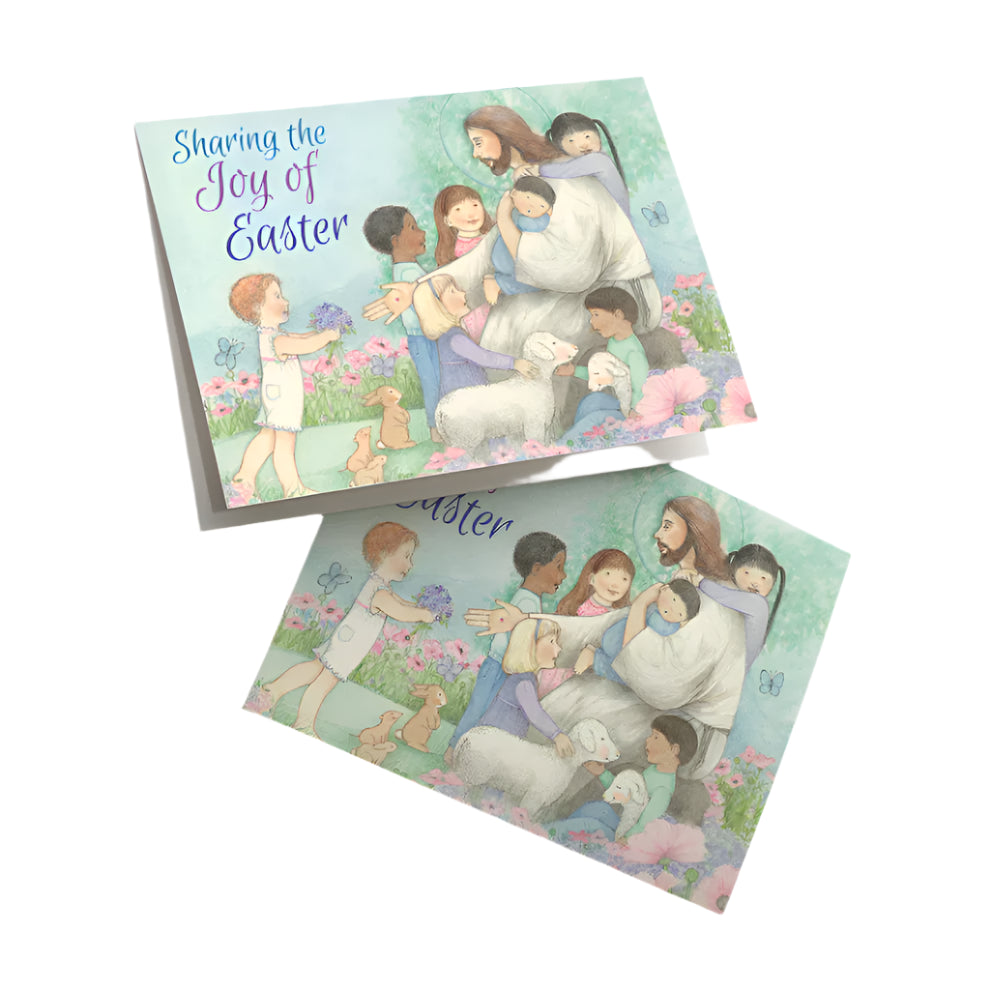 Easter card with illustration of Jesus embracing children, lambs, flowers, butterflies, and "Sharing the Joy of Easter" text