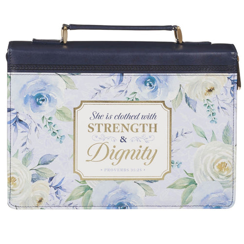 Extra large indigo rose faux leather Bible cover with floral design and Proverbs 31:25 inspirational scripture quote
