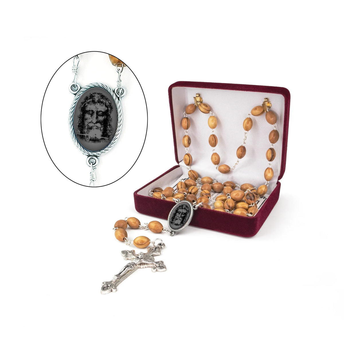 Shroud of Turin rosary with solid olive wood beads, silver crucifix, and detailed oval centerpiece in velvet display box