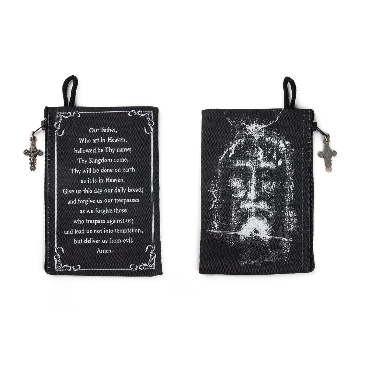 Black Shroud of Turin rosary pouch with printed Lord’s Prayer and silver cross zipper pull on side loop