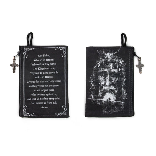 Black Shroud of Turin rosary pouch with printed Lord’s Prayer and silver cross zipper pull on side loop