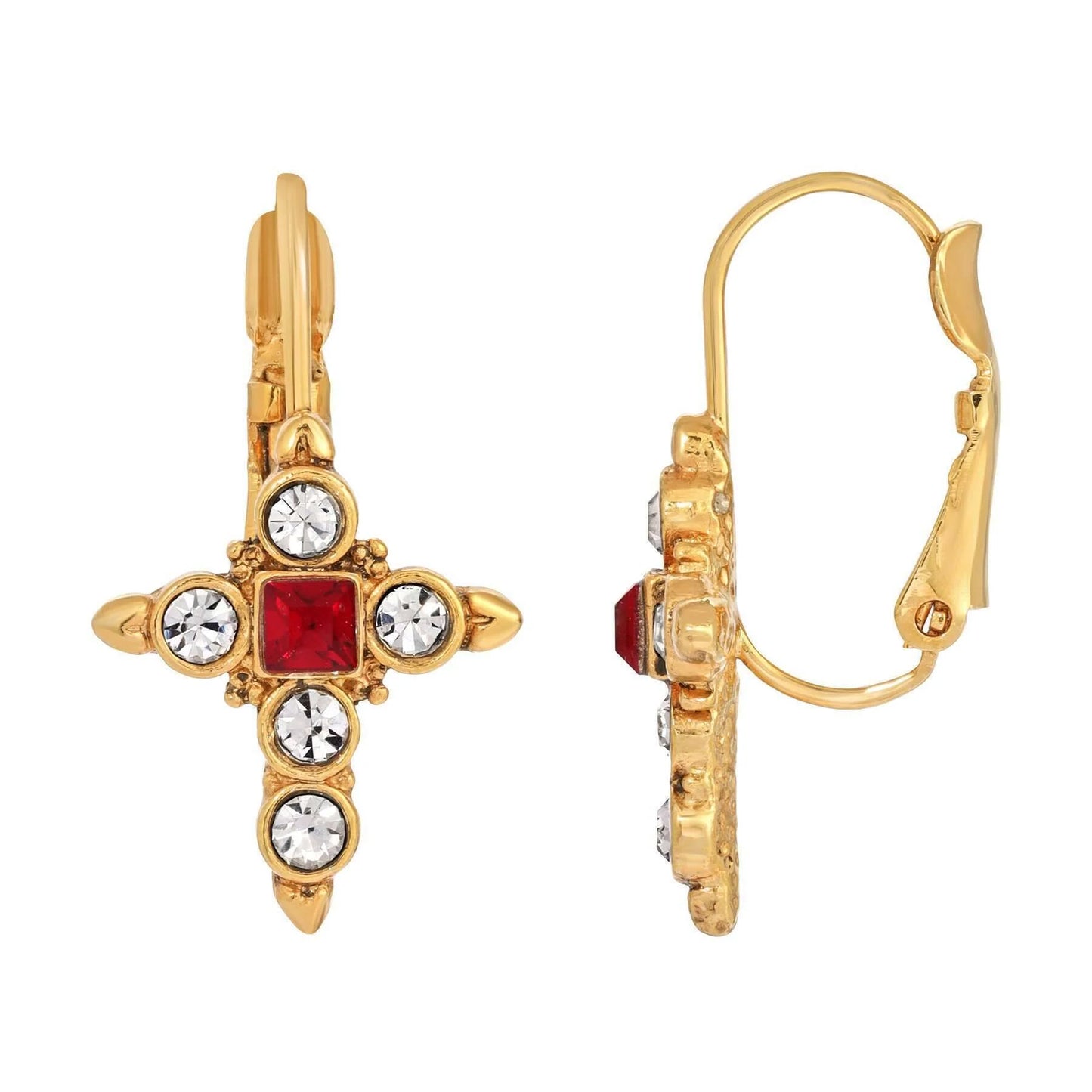 14K gold dipped cross earrings with square Siam red stone center and surrounding clear crystal accents, teardrop shape