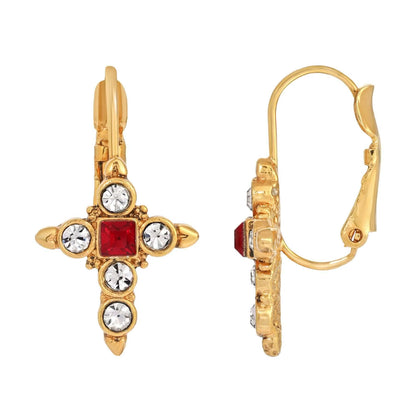 14K gold dipped cross earrings with square Siam red stone center and surrounding clear crystal accents, teardrop shape