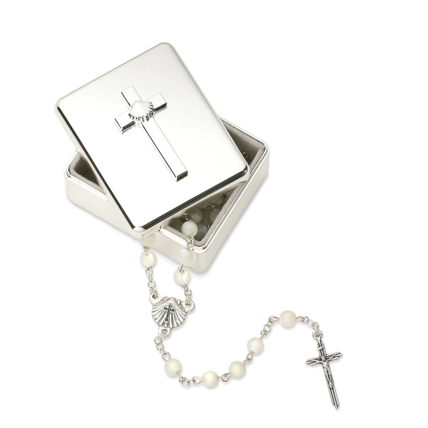 Silver Baptism Keepsake Box 2 1/4" with embossed cross and shell, holding a pearl rosary with crucifix and shell centerpiece.