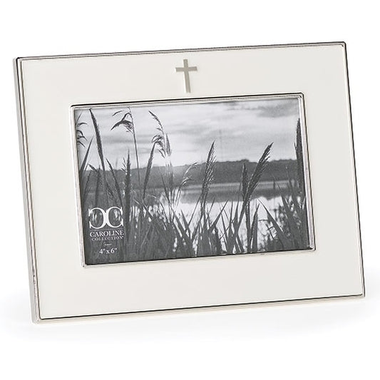 6 1/4" silver cross frame with white background, designed to hold a 4x6 photo for special keepsakes