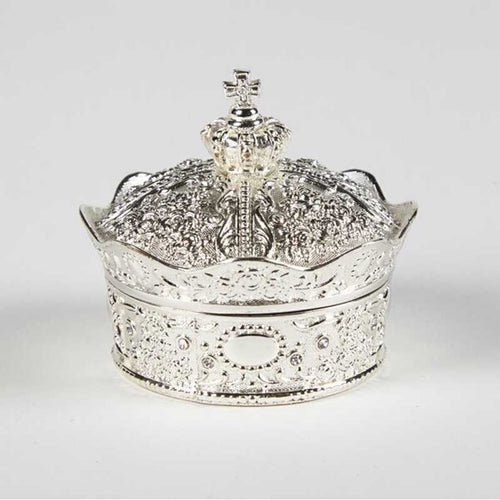 Silver crown box with detailed floral embossing, topped with ornate cross, designed to hold 13-piece Arras coin set for weddings