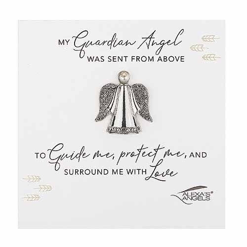 Silver Guardian Angel Pin 1 1/4" with sparkling wings on a card reading "My Guardian Angel was sent from above" and inspirational message