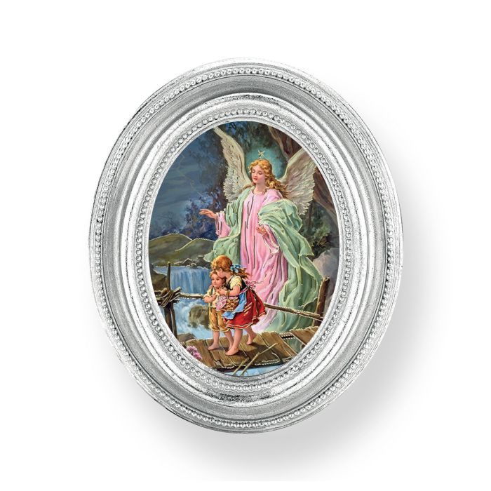 Silver oval frame with detailed design featuring gold-stamped Guardian Angel print watching over children