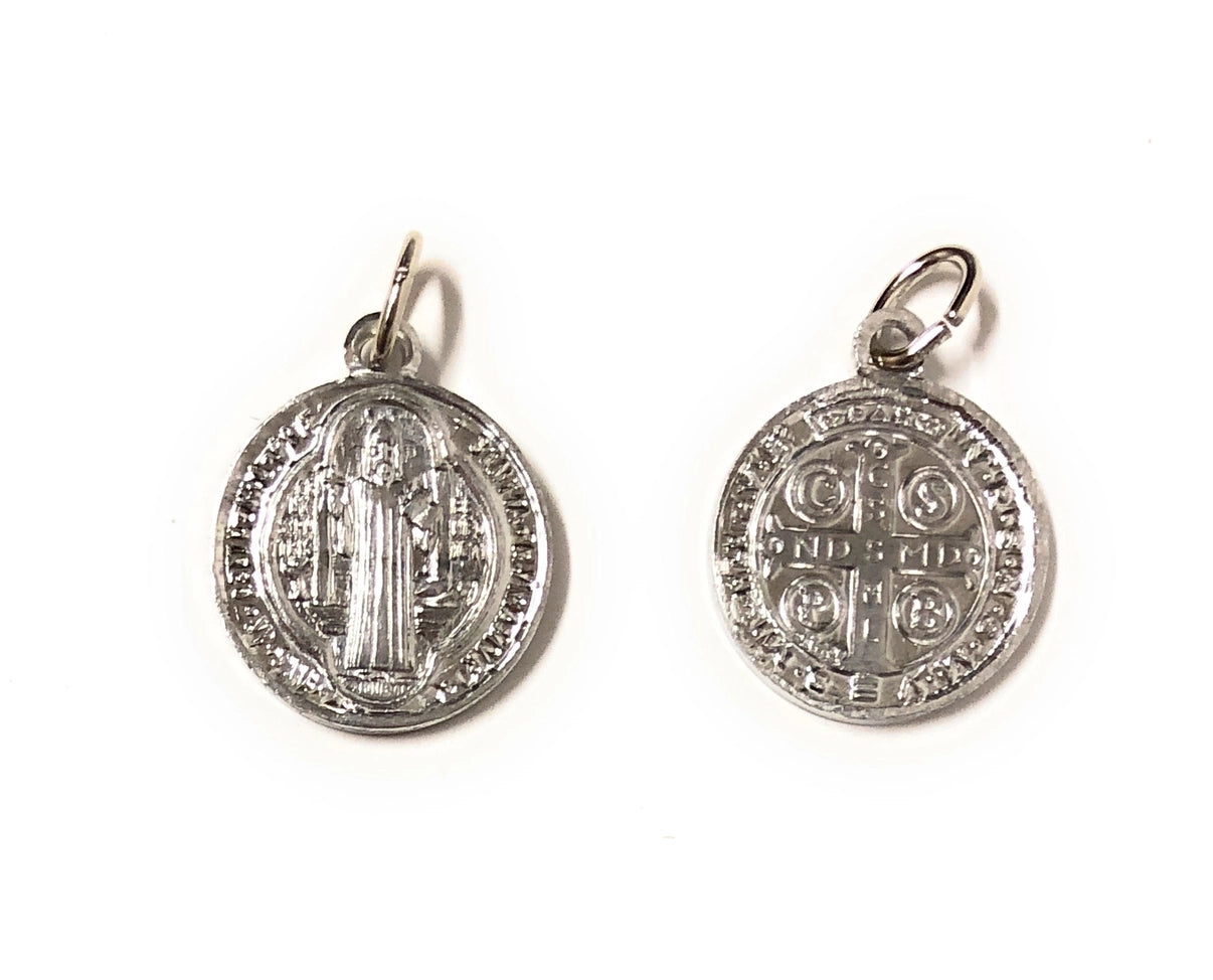 Silver plated 1.8 cm round Saint Benedict medal in aluminium with front and back religious engravings