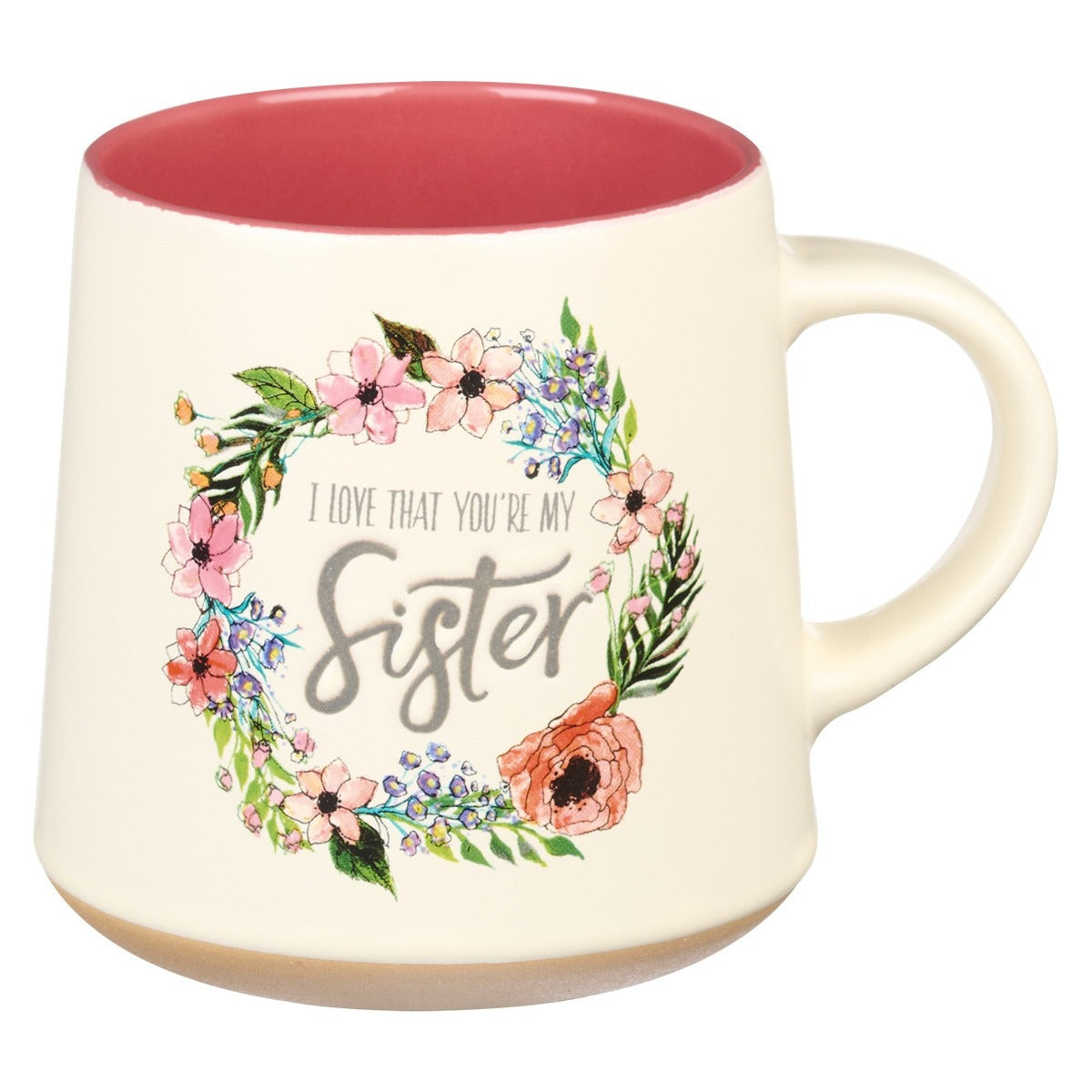 Cream ceramic coffee mug with clay dipped base, floral wreath and "I love that you're my Sister" script design