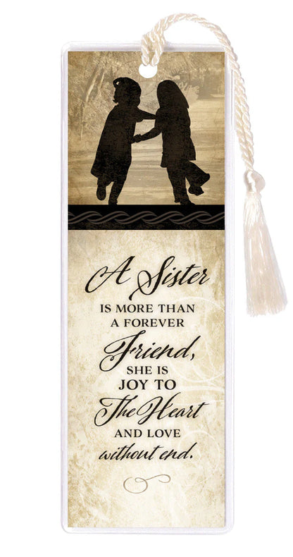 Rectangular sister tasseled bookmark with silhouettes of two girls and sentimental quote in elegant script
