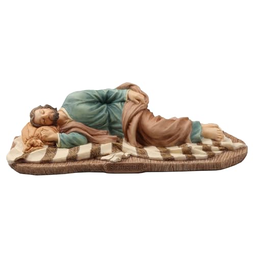 8 3/8" Sleeping St. Joseph statue hand-painted in muted earth tones on a striped blanket base