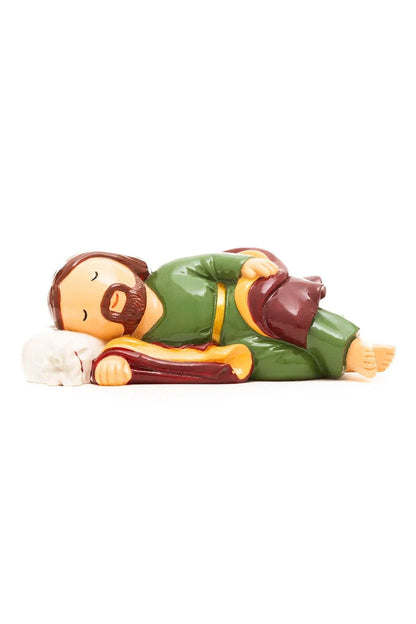 3.5" Sleeping Saint Joseph collector’s edition figurine with green robe and maroon cloak resting on white pillow