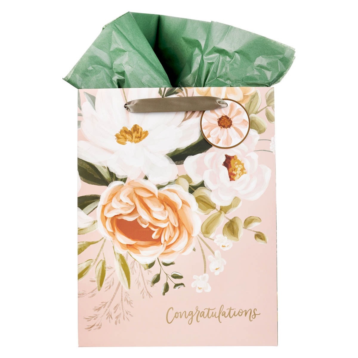 Large peach floral portrait gift bag with green tissue paper and gold foil congratulations text