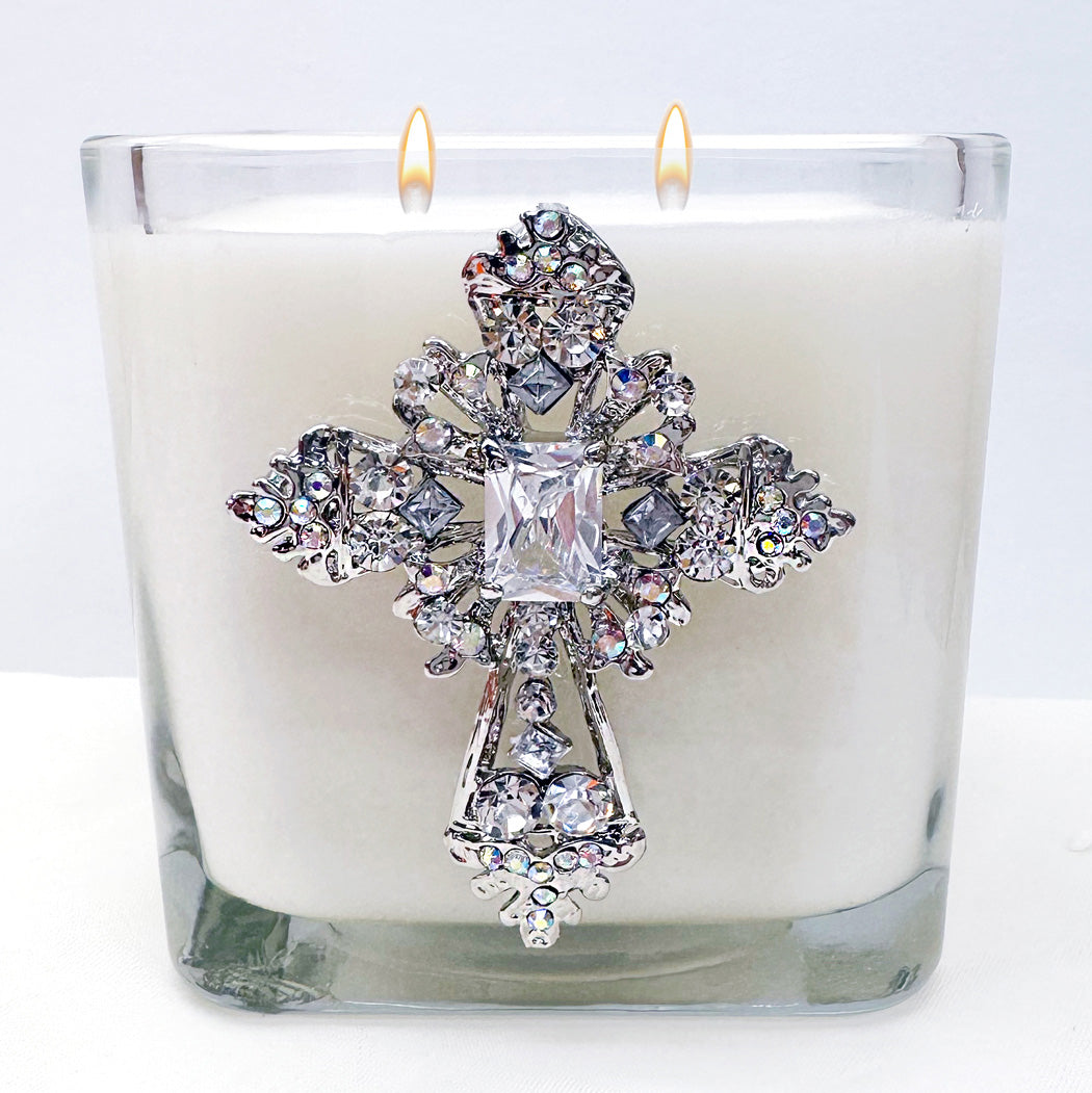3 1/2" Spikenard scented glass candle with chunky jeweled cross and sparkling rhinestones, elegant home fragrance decor