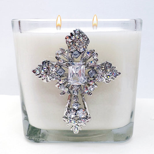 3 1/2" Spikenard scented glass candle with chunky jeweled cross and sparkling rhinestones, elegant home fragrance decor
