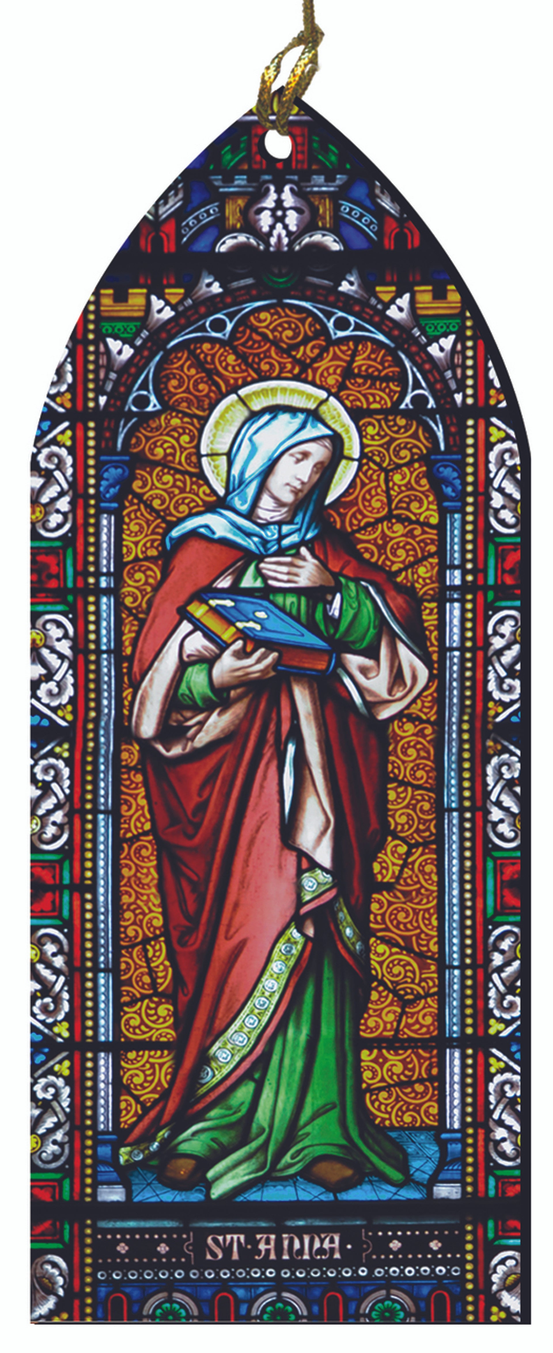 St. Anne stained glass style wood ornament with intricate colorful design, 5 inches tall, laser-cut and painted wood.
