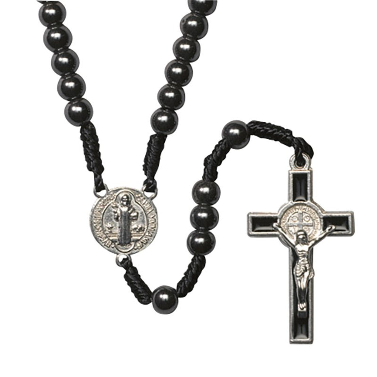 Close-up of 14" Saint Benedict corded hematite rosary with silver Benedict medal and black crucifix pendant