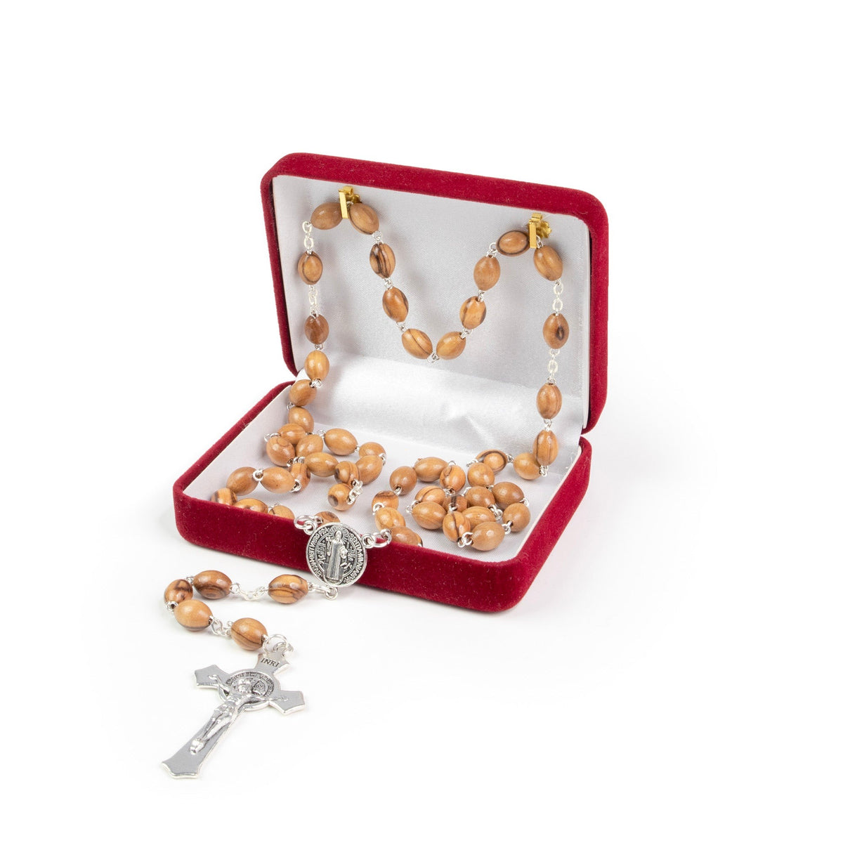 22.5" St. Benedict rosary with natural olive wood beads, detailed silver crucifix and medal in red velvet box