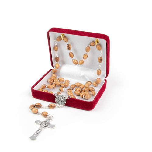 22.5" St. Benedict rosary with natural olive wood beads, detailed silver crucifix and medal in red velvet box