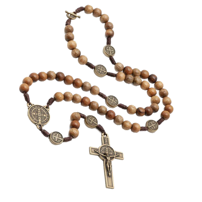 Necklace Brown Wood Benedict Rosary Necklace 8MM - Unique Catholic Gifts