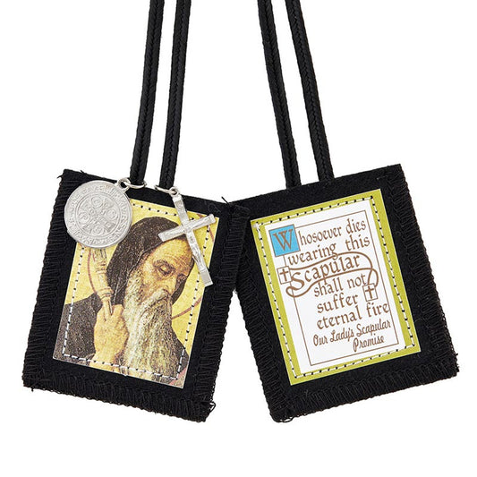 Black St. Benedict scapular with medals, featuring saint image and devotional promise text on fabric squares