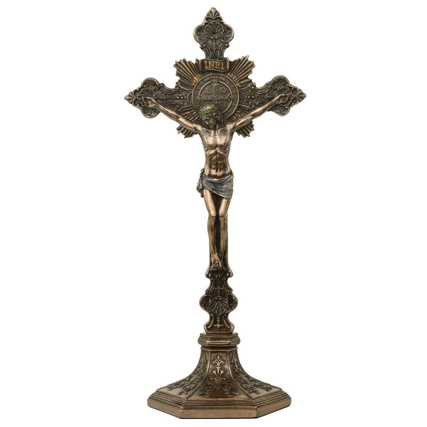 9 3/4" standing bronze crucifix with detailed corpus, ornate cross design, and decorative base in cold cast metal