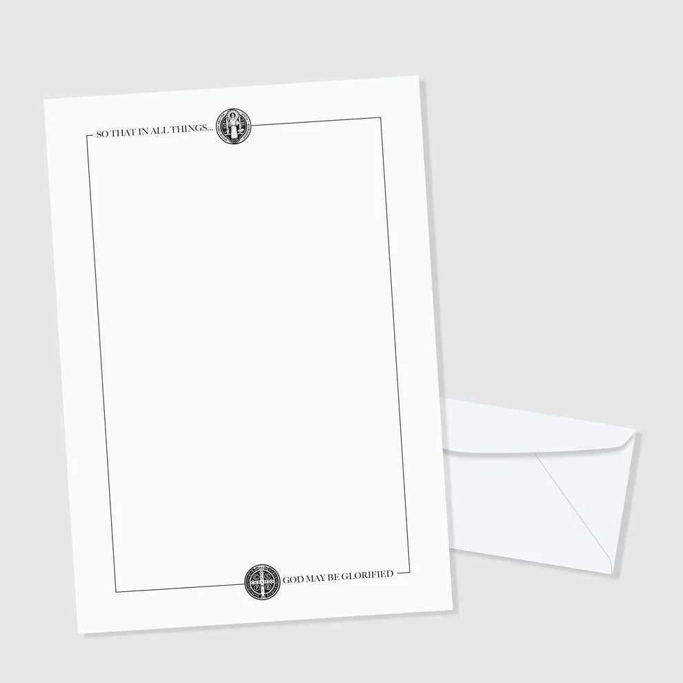 St. Benedict Stationery Set with Benedict medal drawings top and bottom, framed border, matching white envelope included