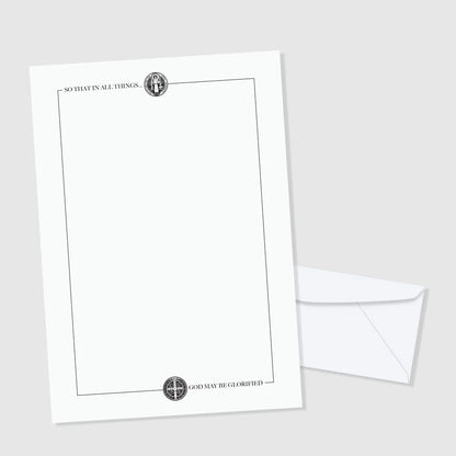 St. Benedict Stationery Set with Benedict medal drawings top and bottom, framed border, matching white envelope included