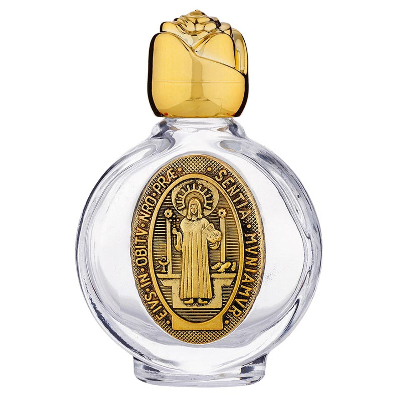 3" Saint Benedict holy water glass bottle with gold-tone rose cap and detailed religious emblem on front