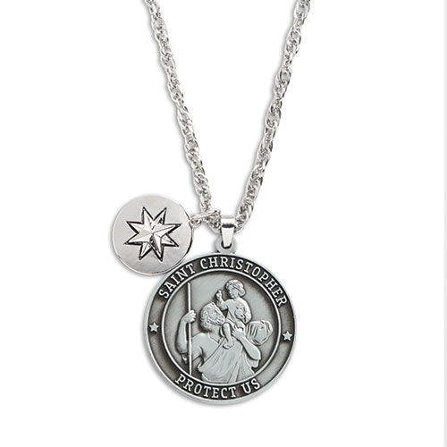 7" silver St. Christopher medal car charm with protective prayer and star symbol on chain
