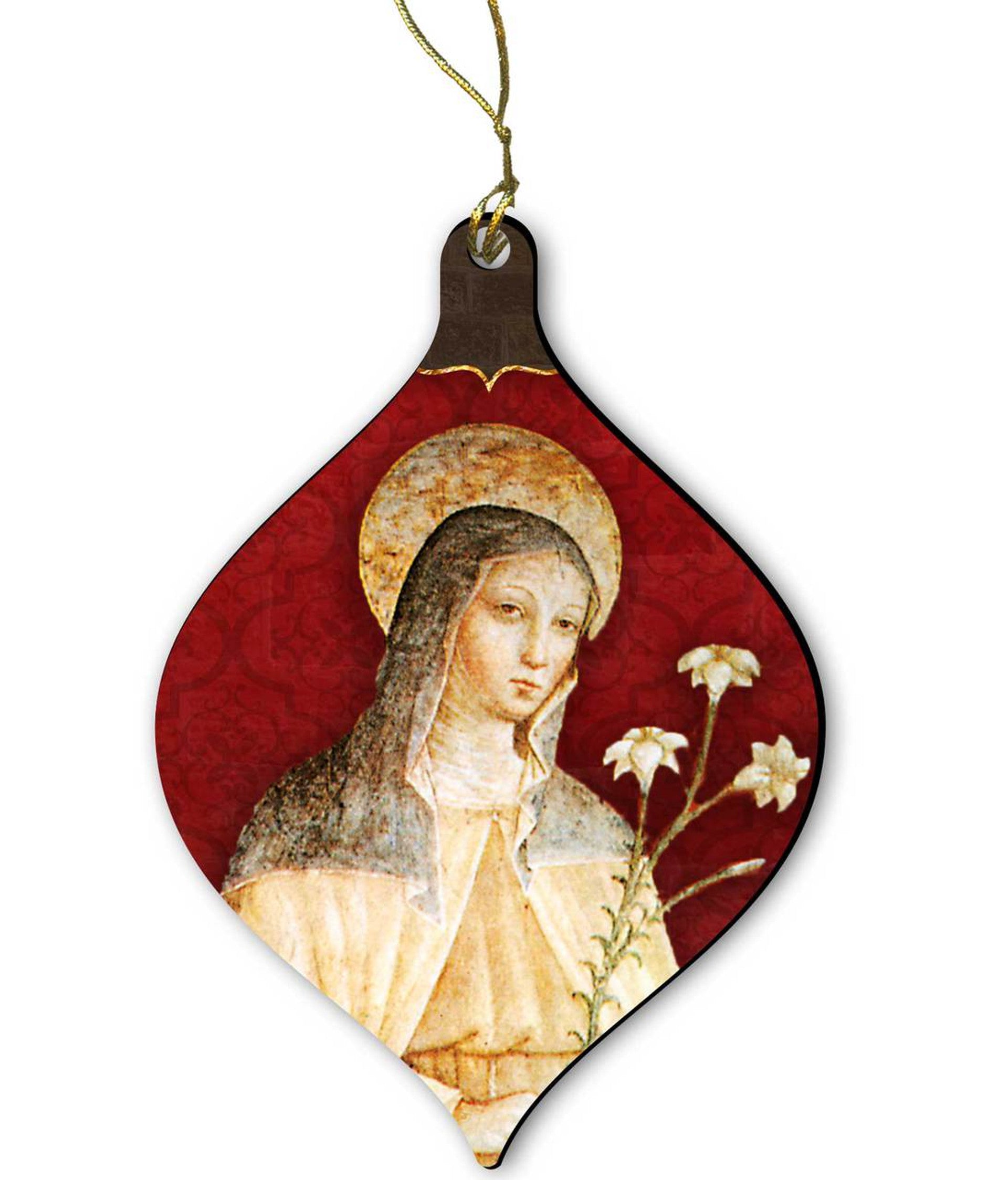 St. Clare wood ornament with smooth glossy finish, laser-cut design, red background, and pre-tied satin ribbon hanger.