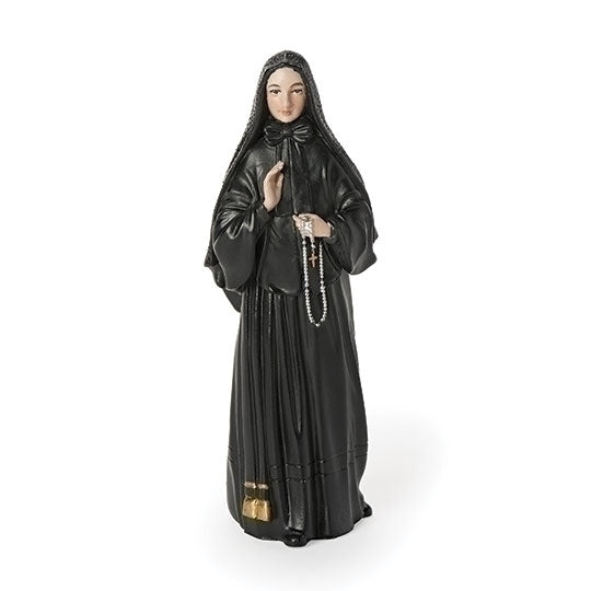 4" statue of St. Frances Xavier Cabrini holding rosary, wearing traditional black habit with gold accents on white background