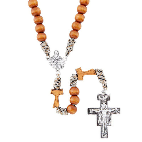 St. Francis Paracord Rosary with natural wood beads, multicolor nylon cord, and silver-toned crucifix and medallion detail