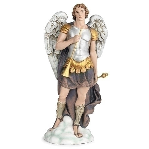 St. Gabriel Archangel statue 10" high holding trumpet, detailed wings with gold and silver armor on cloud base