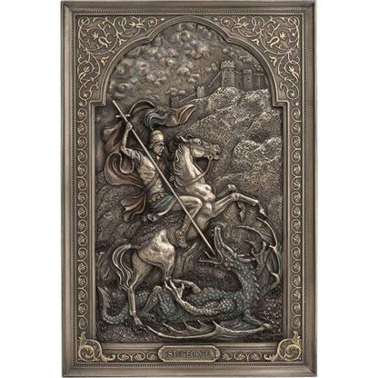 9" St. George wall plaque depicting Saint George slaying the dragon with ornate border and medieval castle background