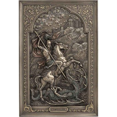 9" St. George wall plaque depicting Saint George slaying the dragon with ornate border and medieval castle background