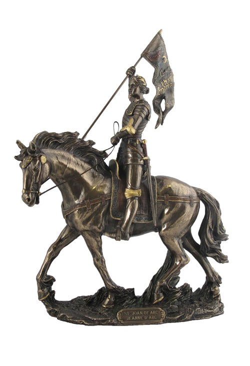 11 1/8" bronze statue of St. Joan of Arc on horseback holding flag with detailed armor and base plaque